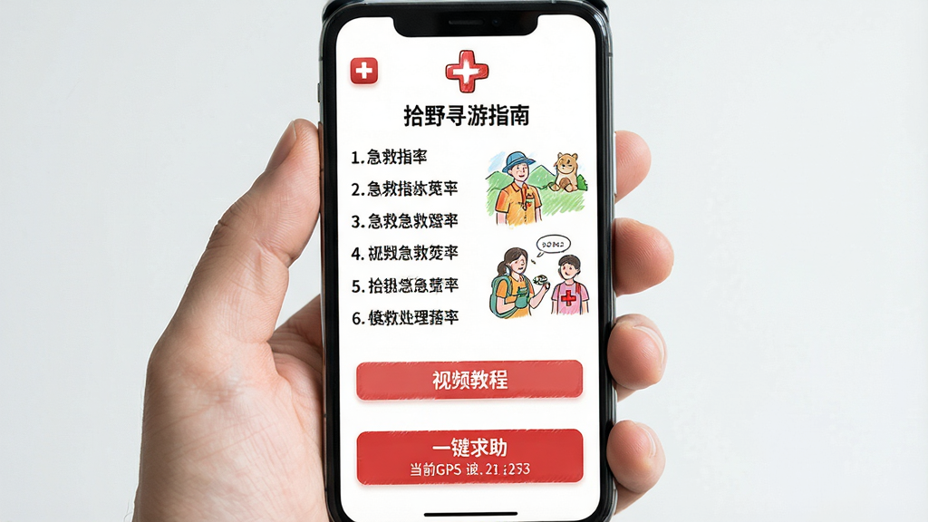 主体:手机屏幕展示“拾野寻游”急救指南页面,界面左侧是急救步骤文字,右侧是示意图。布局:屏幕上方有红色十字图标,下方有“视频教程”按钮。排版:步骤文字采用编号列表,图示为彩色手绘风格。风格:简洁医疗风,白色背景,红色点缀。细节:屏幕底部有“一键求助”按钮,显示当前GPS坐标。画质:高清,信息层次分明,干净无多余元素。