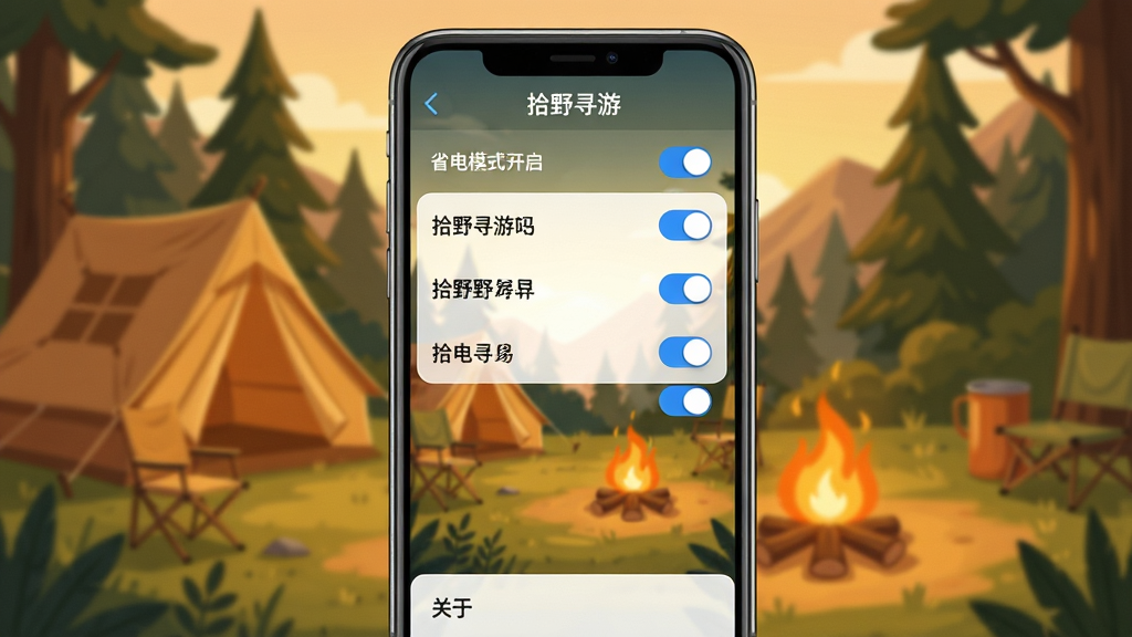 主体:手机竖屏显示“拾野寻游”设置界面,背景为野外营地。布局:设置选项以列表形式呈现,每个选项右侧有开关按钮。排版:字体清晰,开关颜色为蓝色,背景有帐篷与篝火。风格:户外风格,暖色调,插画背景。细节:屏幕顶部有“省电模式”开启状态,底部有“关于”选项。画质:高清,细节生动,干净无多余元素。