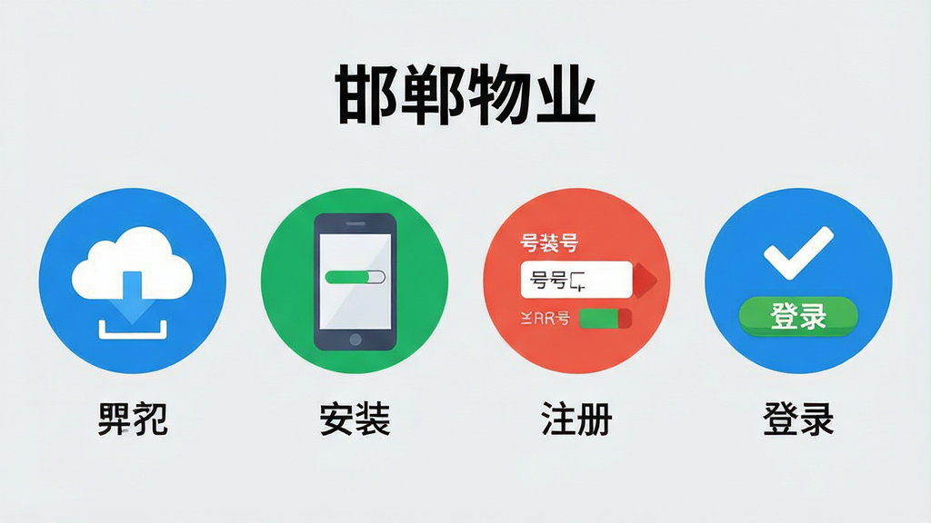 主体:一张操作流程图,展示如何在手机上安装“邯郸物业”APP的步骤。布局:画面分为四个步骤图标,从左到右依次排列,每个图标下方有简短的文字说明。排版:图标采用圆形设计,内部有下载、安装、注册、登录的简化图形。风格:扁平化信息图风格,背景为浅灰色,图标色彩鲜明。细节:第一步图标为云朵向下箭头,第二步为手机屏幕带安装进度条,第三步为填写手机号,第四步为打勾的“登录”按钮。画质:高清矢量图风格,画面干净,无多余元素。