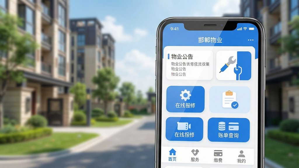 主体:手机屏幕展示“邯郸物业”APP主界面,界面清晰显示“首页”、“服务”、“缴费”、“我的”等底部导航栏。布局:手机位于画面中央偏右,背景为模糊的现代化小区景观,突出APP界面内容。排版:界面内图标排列整齐,功能图标采用圆角矩形设计,色彩以蓝色和白色为主色调。风格:扁平化设计风格,整体画面简洁明亮,充满科技感与生活气息。细节:手机屏幕上方显示状态栏,界面中可见“物业公告”、“在线报修”、“账单查询”等模块字样,屏幕反光自然。画质:8K超高清画质,画面干净,无多余元素,聚焦APP界面展示。