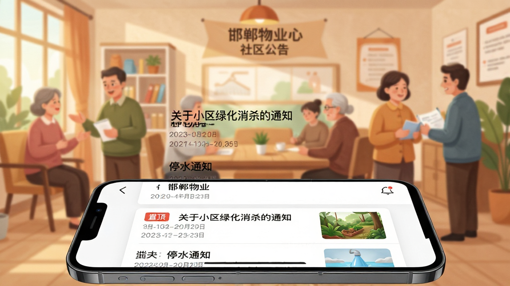 主体:手机界面展示“邯郸物业”APP的“社区公告”列表页,列表项带有标题、日期和缩略图。布局:手机横屏放置在画面下方,背景为温馨的社区活动中心场景,有居民在交流。排版:列表项按时间倒序排列,最新公告置顶并带有红色“置顶”标签。风格:插画风格结合实景,色调温暖,营造出和谐的社区氛围。细节:公告标题包括“关于小区绿化消杀的通知”、“停水通知”等,界面右上角有消息铃铛图标。画质:高质量渲染,画面干净,无多余元素。