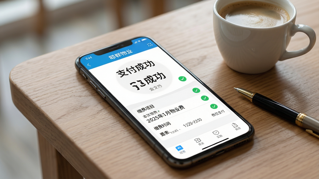 主体:一部智能手机正展示着“邯郸物业”APP的缴费成功页面,屏幕上显示大大的“支付成功”字样及金额。布局:手机斜放在木质桌面上,旁边有一杯咖啡和一支笔作为点缀。排版:屏幕上的支付金额数字醒目,下方列出“本次缴费项目”、“缴费时间”等条目。风格:写实风格,光线柔和,背景虚化,突出手机屏幕内容。细节:屏幕顶部显示“邯郸物业”APP名称,缴费项目包含“2025年1月物业费”,支付方式为“微信支付”,页面带有绿色的对勾图标。画质:高清画质,色彩真实,画面干净,无多余元素。