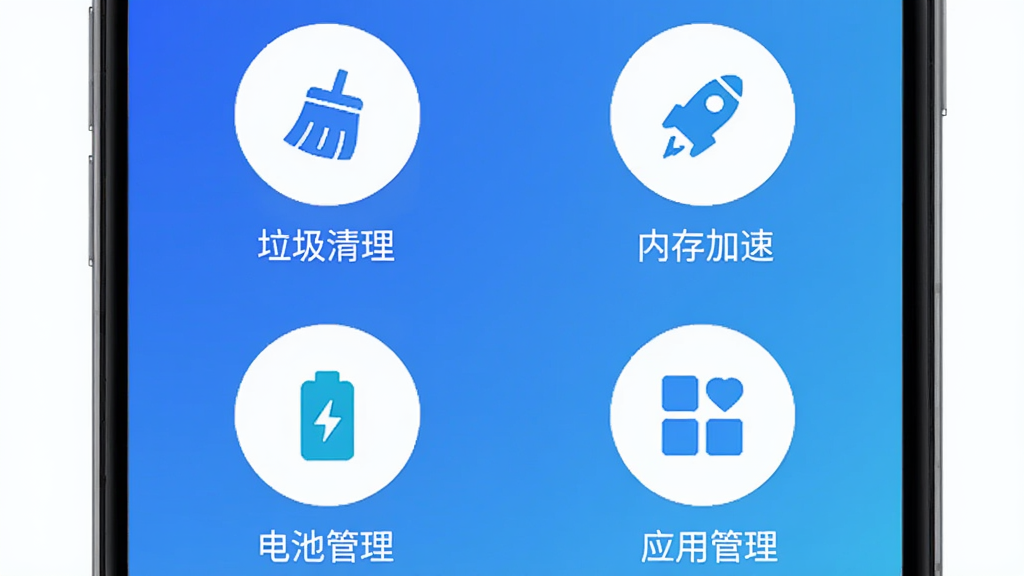 手机优化大师主界面预览图,展示首页功能图标布局,包含“垃圾清理”、“内存加速”、“电池管理”、“应用管理”四个圆形图标,背景为蓝色渐变,图标简洁现代,整体风格清新明亮,画质干净无多余元素