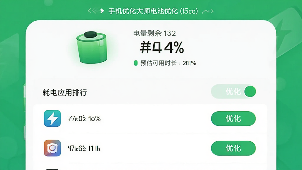 手机优化大师电池优化界面预览图,展示电量剩余百分比和预估可用时长,下方列出耗电应用排行,每个应用有“优化”按钮,界面以绿色和白色为主,电池图标醒目,风格简洁直观,画质干净