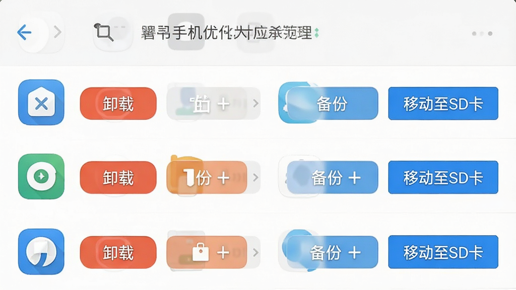 手机优化大师应用管理界面预览图,展示应用列表,每个应用图标旁显示“卸载”、“备份”、“移动至SD卡”等操作按钮,界面以白色为底,列表清晰,风格简洁,画质干净