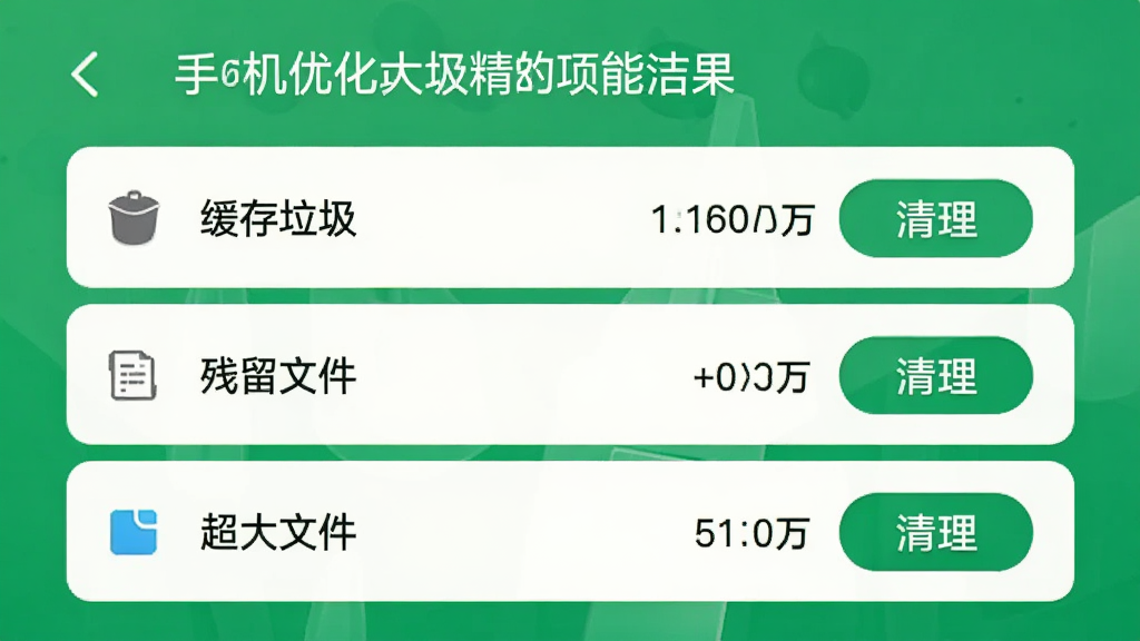 手机优化大师垃圾清理功能预览图,展示扫描结果列表,包含“缓存垃圾”、“残留文件”、“超大文件”等分类,每个分类右侧显示大小和清理按钮,界面以绿色为主色调,列表清晰,风格简洁,画质干净