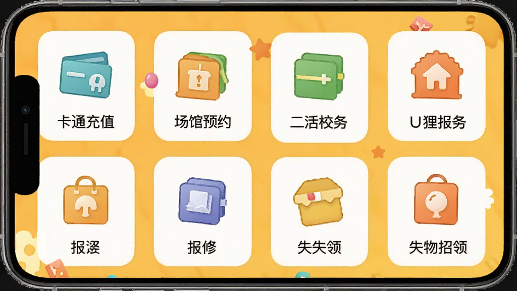 主体为一张手机应用界面,界面内展示U狸校园的“生活服务”功能模块,包括一卡通充值、场馆预约、报修、失物招领等图标,每个图标下方有文字标签,背景为暖黄色,整体布局为宫格排列,风格活泼明快,细节清晰,画质干净,无多余元素