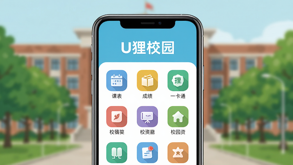 主体为一部亮屏的智能手机,屏幕内显示U狸校园APP主界面,界面顶部有“U狸校园”字样,下方排列着课表、成绩、一卡通、校园资讯等彩色功能图标,背景是模糊的大学校园教学楼与绿树,整体布局居中,采用扁平化设计风格,色彩明快清新,细节清晰,画质干净,无多余元素