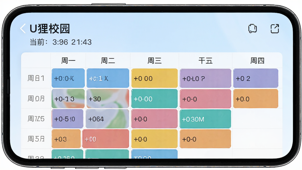 主体为一张手机屏幕,屏幕内显示U狸校园的“课表”页面,以周视图表格形式展示周一至周五的课程安排,不同课程用不同颜色色块标注,顶部有“U狸校园”字样和当前周数,背景为淡蓝色渐变,布局规整,风格清新,细节清晰,画质干净,无多余元素
