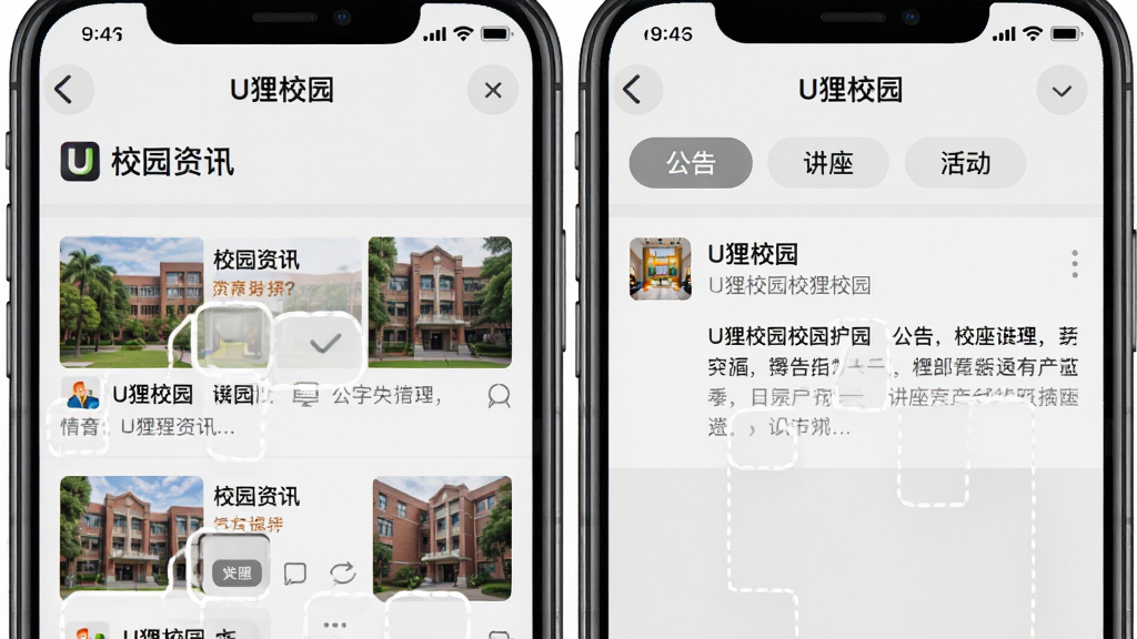 主体为一张手机界面截图拼接图,左侧显示U狸校园“校园资讯”列表页,右侧显示通知详情页,页面顶部有“U狸校园”导航栏,中间有分类筛选标签如“公告”“讲座”“活动”,背景为浅灰色,整体布局为左右分栏,风格简洁直观,细节丰富,画质干净,无多余元素