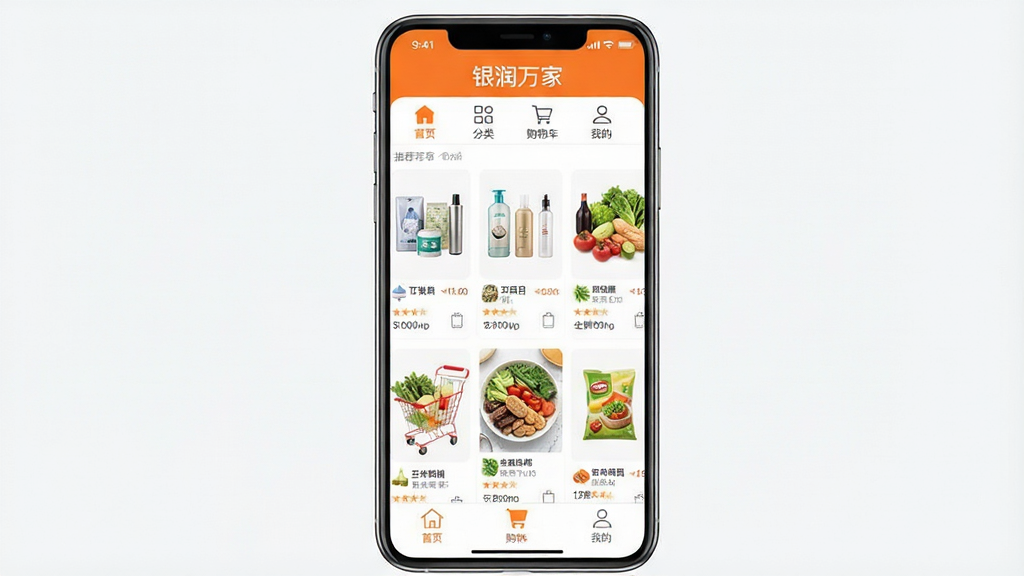 一张展示银润万家APP整体界面的高清手机截图,主体为应用主屏幕,顶部显示“银润万家”字样,下方排列着“首页”、“分类”、“购物车”、“我的”等底部导航栏,中间区域展示商品推荐瀑布流,包含各类日用百货与生鲜食品的卡片,整体布局简洁大方,配色以橙白为主,风格现代清新,画质清晰干净,无多余元素