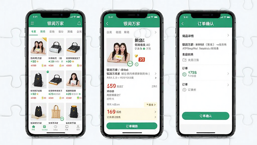 一张展示银润万家APP购物流程的界面拼图,主体为手机屏幕截图,左侧显示商品列表页,右侧显示商品详情页与订单确认页,页面中清晰标注“银润万家”品牌标识,商品图片清晰美观,价格与规格信息醒目,整体排版整齐,风格明亮干净,画质高清,无多余元素