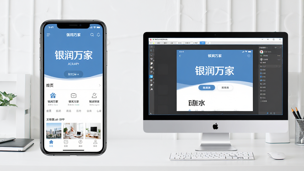 一张展示银润万家APP在手机与电脑模拟器上运行的对比图,主体为左侧手机屏幕显示应用首页,右侧电脑屏幕显示模拟器中的应用界面,两者均清晰显示“银润万家”品牌名,背景为简洁的工作台,风格干净明亮,画质清晰,无多余元素