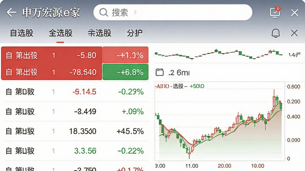 主体为“申万宏源e家”应用内的行情报价页面,展示着红绿相间的自选股列表与分时走势图,页面顶部有搜索栏和自选股标签。布局为上下结构,数据列表排版整齐,高亮显示涨幅居前的股票。风格为金融数据可视化,细节包括精确到小数点的价格数字与涨跌幅百分比,画质清晰锐利,干净无多余元素。