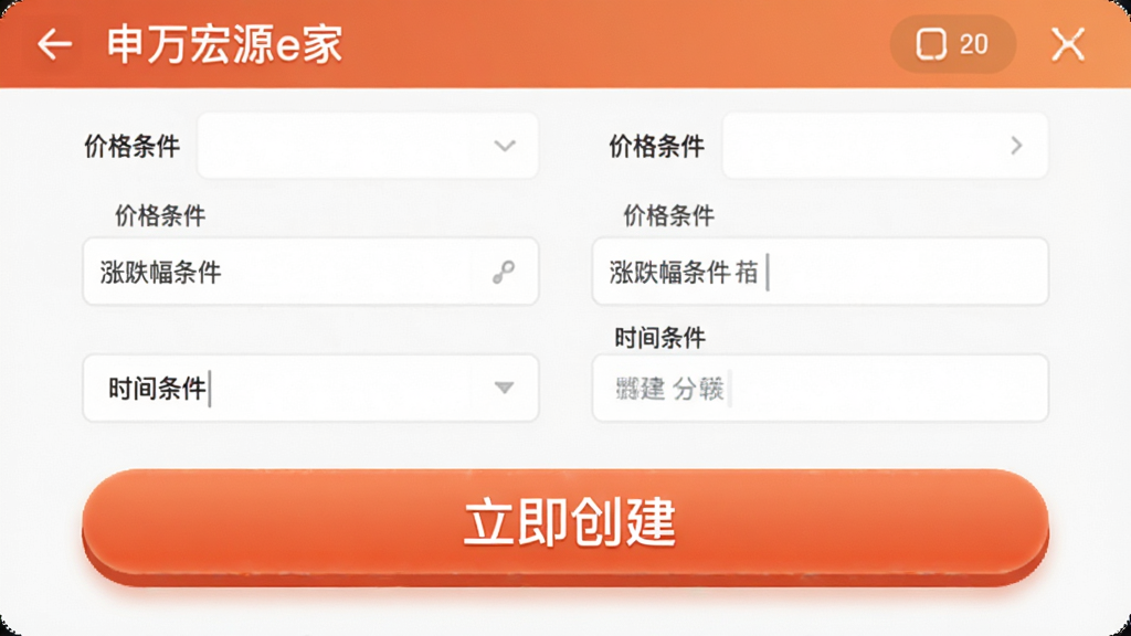 主体为“申万宏源e家”应用的条件单设置界面,包含价格条件、涨跌幅条件、时间条件等多个输入框,下方有一个醒目的“立即创建”按钮。布局为表单样式,排版清晰有序。风格为UI界面设计展示,细节强调功能按钮的立体感,画质干净明亮,无多余元素。