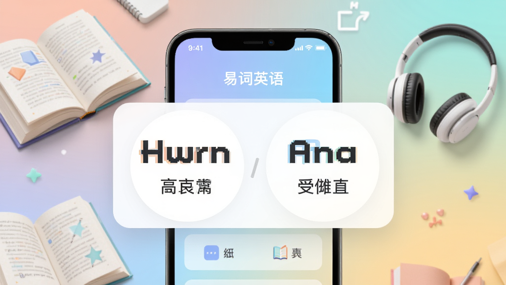 主视觉展示易词英语APP界面,中央是单词卡片,卡片上显示英文单词与中文释义,背景为柔和的渐变色,搭配书本和耳机等学习元素,整体风格现代简约,色彩明快,画质高清,干净无多余元素