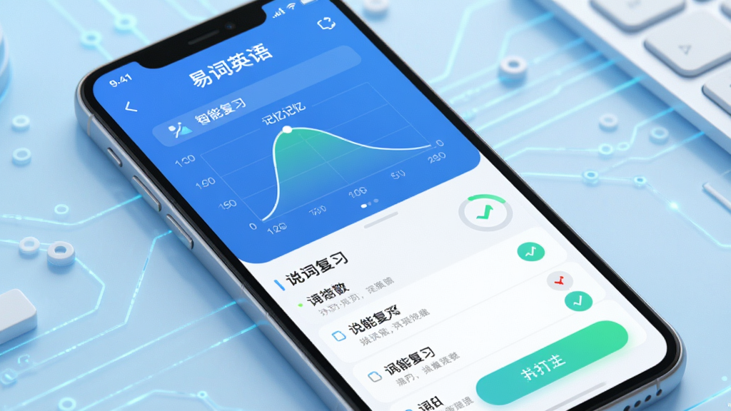 展示易词英语APP的智能复习界面,手机屏幕上显示记忆曲线图和单词复习列表,界面带有进度环和打卡标记,背景为浅蓝色科技感风格,排版清晰,画质细腻,干净无多余元素