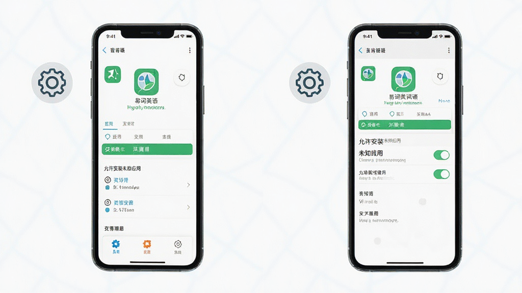 展示易词英语APP在手机上的安装教程图解,手机屏幕显示应用安装界面,旁边有设置图标和“允许安装未知应用”的开关,背景简洁,构图清晰,画质干净,无多余元素
