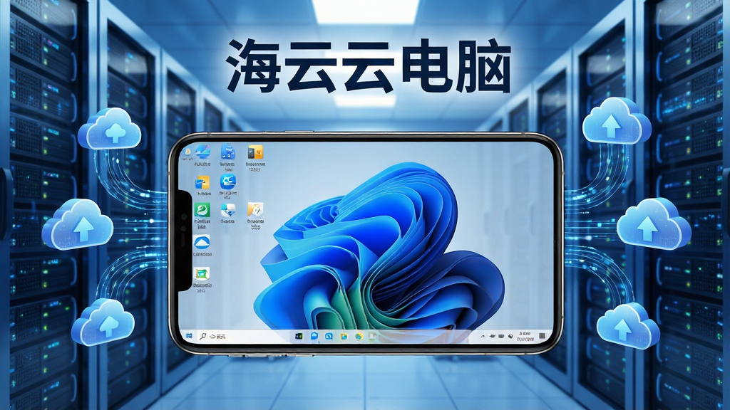 主体:海马云电脑应用界面在手机和平板设备上运行,背景是科技感十足的动态云服务器机房。布局:画面中央展示手机横屏运行Windows桌面,周边环绕数据流与云朵图标。排版:简洁干净,突出软件名称“海马云电脑”字样。风格:现代科技感,色彩明亮,蓝白主色调。细节:屏幕内显示清晰的应用图标和流畅的桌面操作画面,云端数据可视化。画质:超高清8K,细节丰富,干净无多余元素。