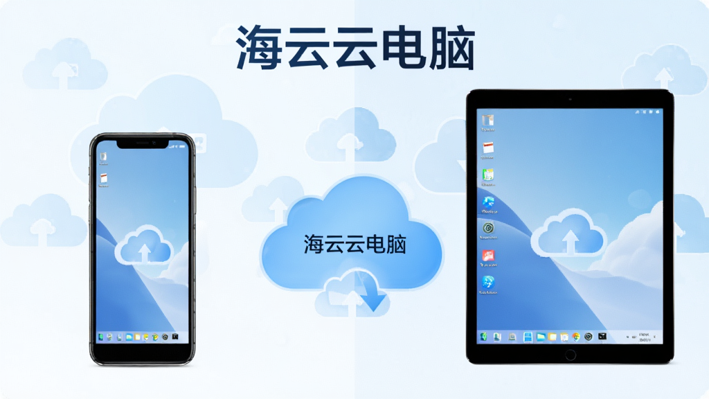 主体:海马云电脑在不同设备(手机、平板)上运行的对比图,背景为同步的云图标。布局:左右分屏,左侧手机,右侧平板,中间以云朵图标连接。排版:对称式布局,突出“海马云电脑”品牌。风格:清新现代,浅蓝与白色调。细节:设备屏幕显示相同桌面,云朵带有同步箭头。画质:4K超清,画面简洁,无多余元素。