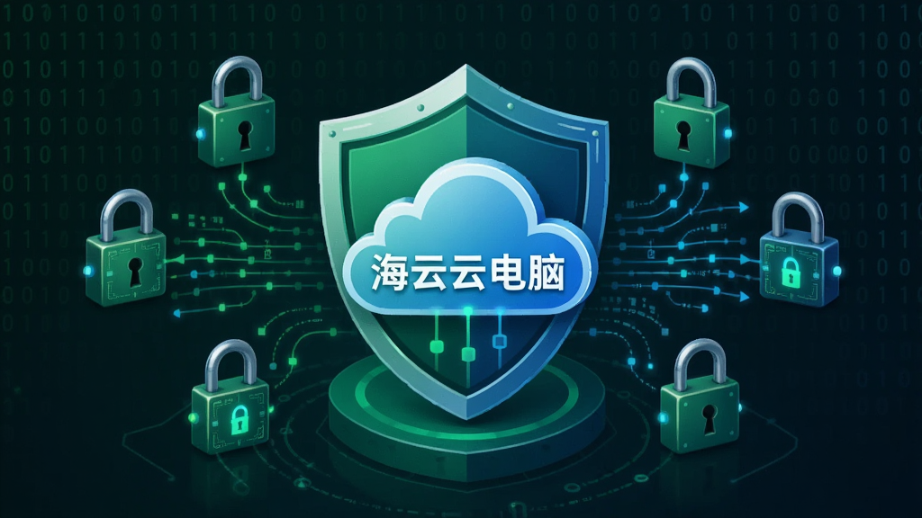 主体:海马云电脑的数据安全防护概念图,盾牌图标保护云端数据。布局:中央为盾牌与云朵组合,周围环绕加密锁和数据流。排版:中心对称,强调“海马云电脑”安全可靠。风格:科技安全风,深绿与蓝色搭配。细节:锁具、数据加密线条,背景为二进制代码。画质:高清锐利,元素干净,无多余元素。