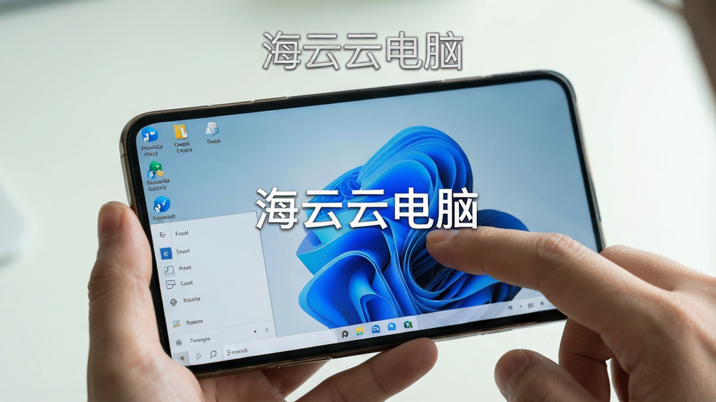 主体:海马云电脑在手机上的使用场景,用户通过触控操作Windows桌面。布局:手持手机的特写,屏幕显示桌面图标和开始菜单。排版:居中构图,清晰展示操作细节,标注“海马云电脑”。风格:写实生活风,自然光,浅色背景。细节:手指触控屏幕,界面清晰,桌面壁纸简洁。画质:高清真实,无多余元素。