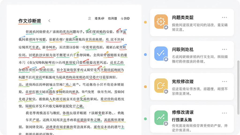 一张倾对APP的作文诊断界面预览图,左侧是标满彩色下划线的作文原文,右侧是逐条列出的修改建议卡片,每张卡片上有问题类型图标和解释文字,界面采用卡片式布局,色彩清新,画质细腻,干净无多余元素