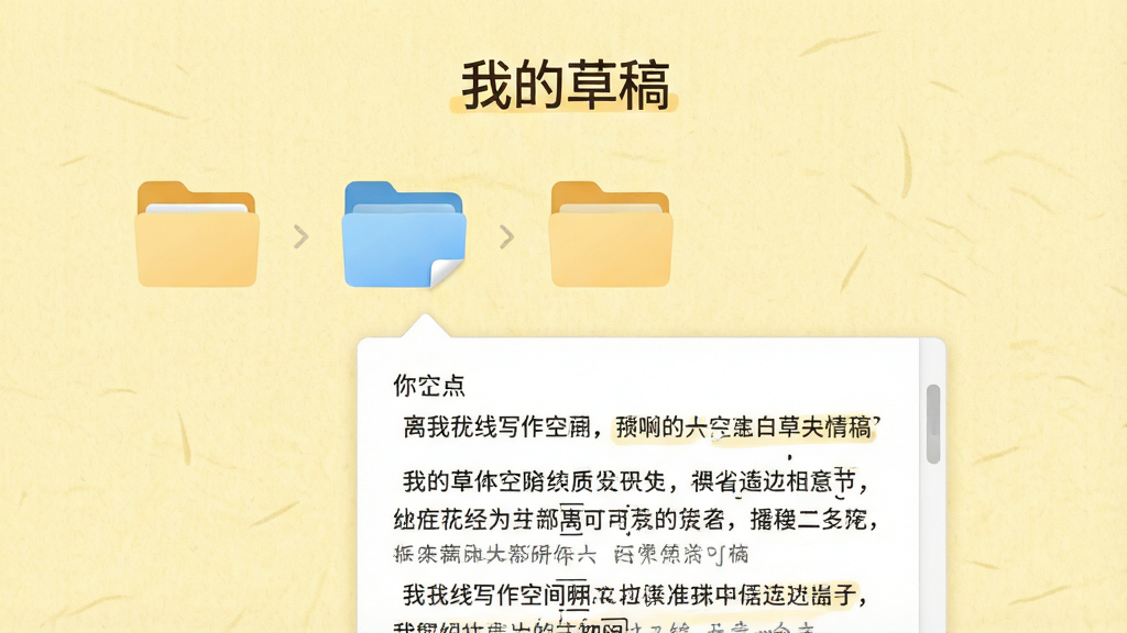 一张倾对APP的离线写作空间界面,背景是淡黄色纸张纹理,上方有“我的草稿”标题,下方排列着几个文件夹图标,点击其中一个展开显示多篇作文文档,界面风格温馨简约,细节到位,画质清晰,干净无多余元素