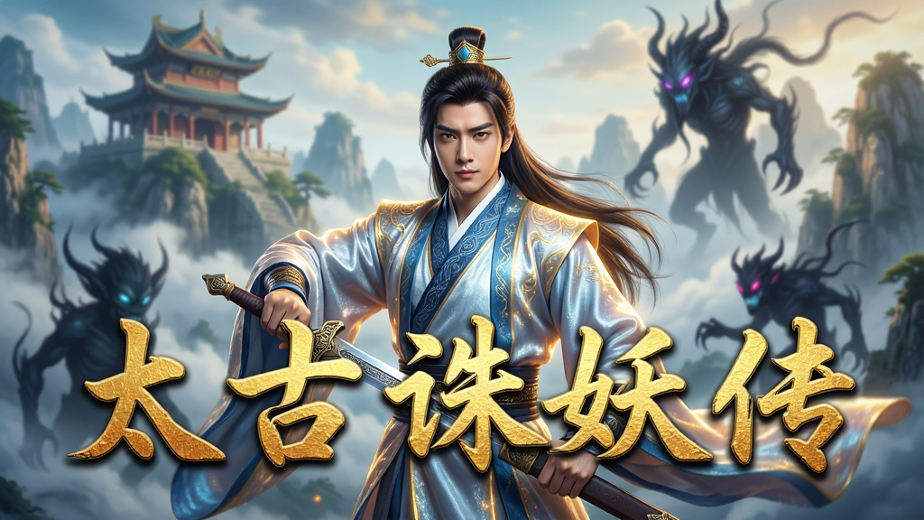画面中心为一名手持长剑、身披流光仙袍的俊朗主角,背景是云雾缭绕的古老仙山与若隐若现的妖异黑影,整体采用写实国风,色彩明艳,光影层次丰富,细节精致,高清画质,干净无多余元素,画面中浮现“太古诛妖传”五个烫金大字,风格大气磅礴,充满史诗感。