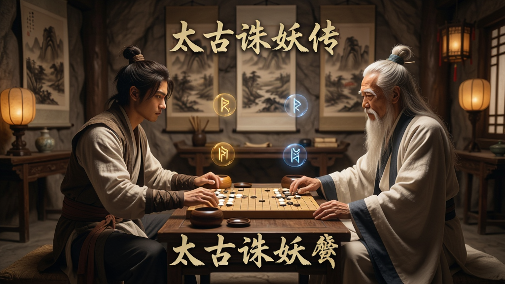 主角与一位白胡子仙人在古色古香的洞府中对弈,周围漂浮着符文光球,墙上挂着山水古画,画面采用暖色调,细节丰富,突出古朴神秘的氛围,画质高清,干净无多余元素,画面中浮现“太古诛妖传”字样,风格为写实国风。