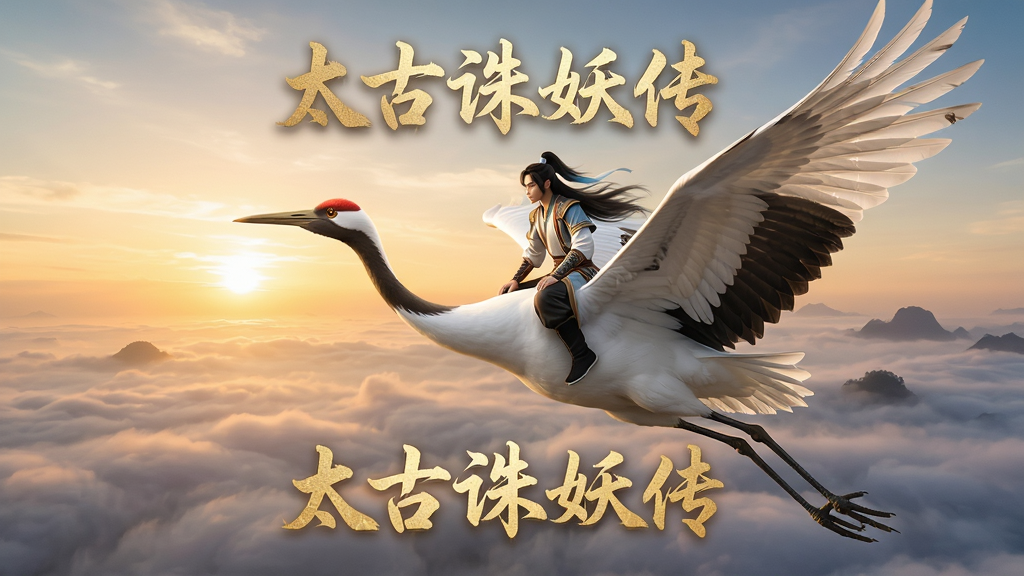 一只巨大的白色仙鹤展翅高飞,背上坐着主角,背景是壮丽的云海与夕阳,仙鹤羽毛细节清晰,光影柔和,画面唯美梦幻,画质高清,干净无多余元素,画面中浮现“太古诛妖传”字样,风格为写实国风。