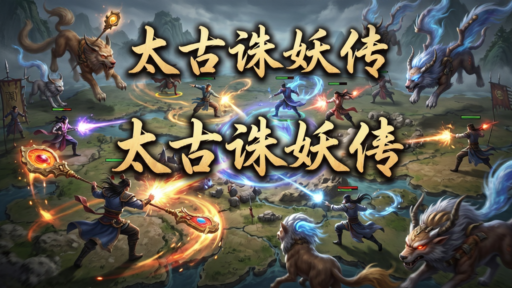 多名玩家角色在巨大的战场地图上激烈战斗,技能特效华丽,空中飞舞着法宝与灵兽,场面宏大,充满动感,色彩鲜艳,细节丰富,画质高清,干净无多余元素,画面中浮现“太古诛妖传”字样,风格为写实国风。
