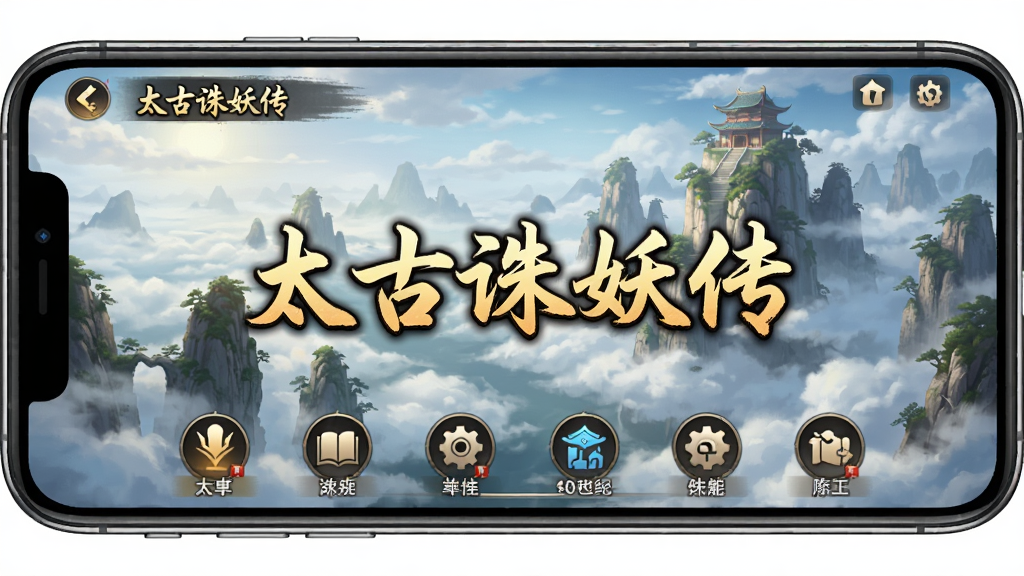 手机屏幕显示《太古诛妖传》游戏主界面,界面布局清晰,功能图标排列整齐,背景为游戏内的仙峰云海,画质明亮,细节丰富,干净无多余元素,风格为写实国风,画面中浮现“太古诛妖传”字样。