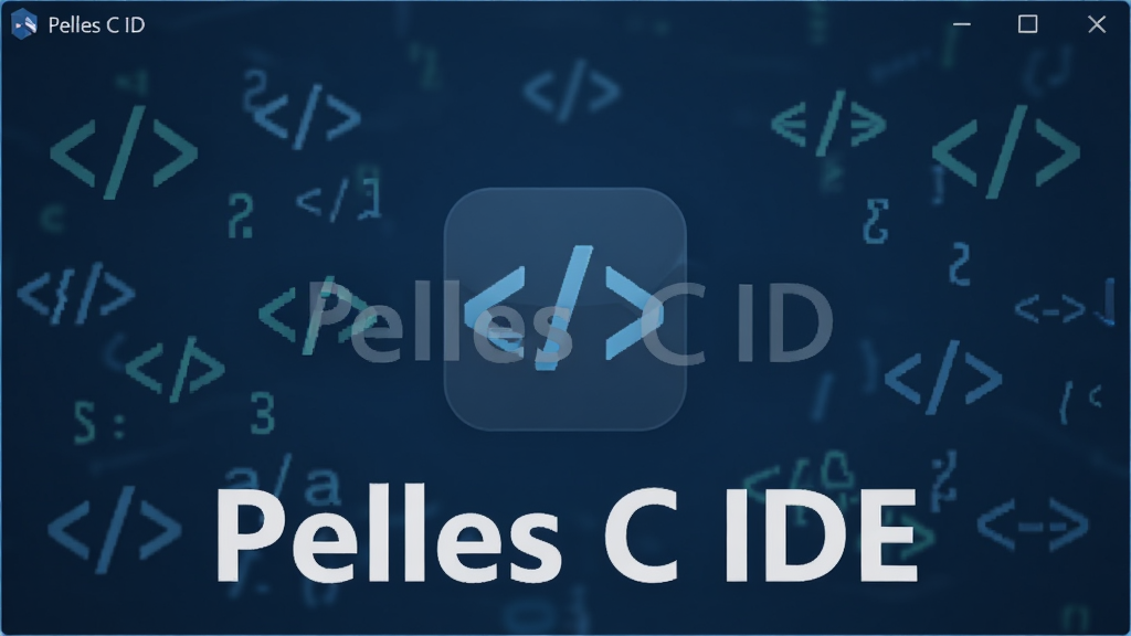 主体:Pelles C IDE 快速启动界面,布局:软件图标居中,周围有代码符号点缀,排版:简洁大方,风格:科技感,细节:软件名称“Pelles C IDE”清晰可见,背景为深蓝色,画质:高清,干净,无多余元素
