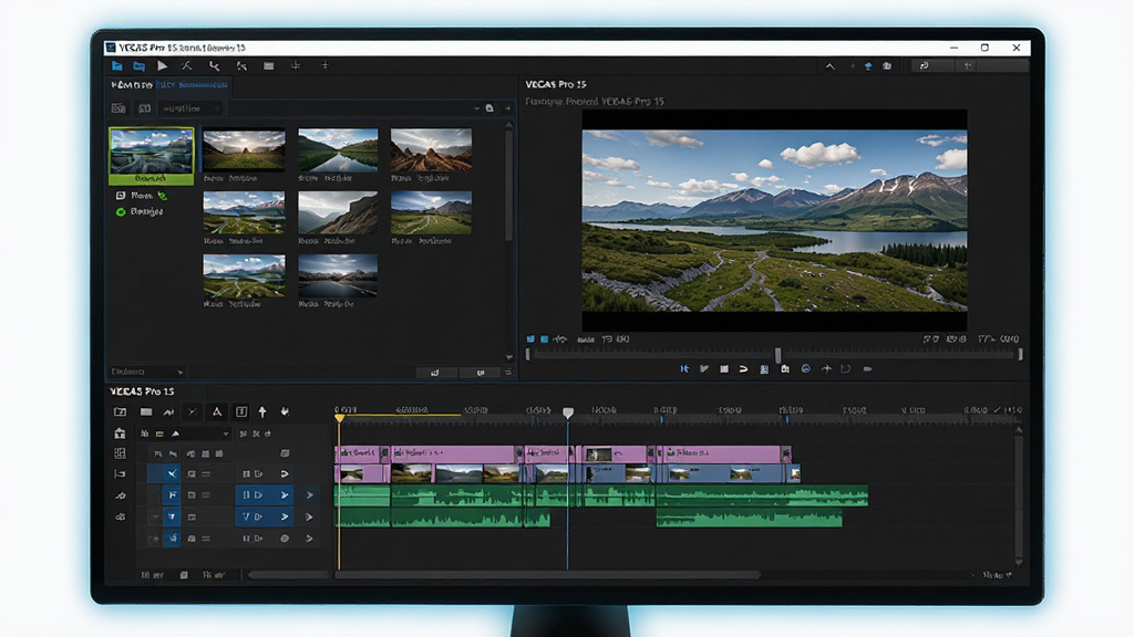 画面主体为VEGAS Pro 15软件在电脑屏幕上的主界面,界面内时间线轨道上排列着多彩的视频与音频片段,预览窗口展示着高清风景画面。布局采用三分法,左侧是媒体素材库面板,中间是监视器,底部是详细的时间线。排版清晰,界面深色主题,按钮和图标具有现代扁平化风格,整体风格专业且充满科技感。细节上屏幕边框泛有淡蓝色光泽,画质为超高清,背景干净,无多余元素,画面中无文字。