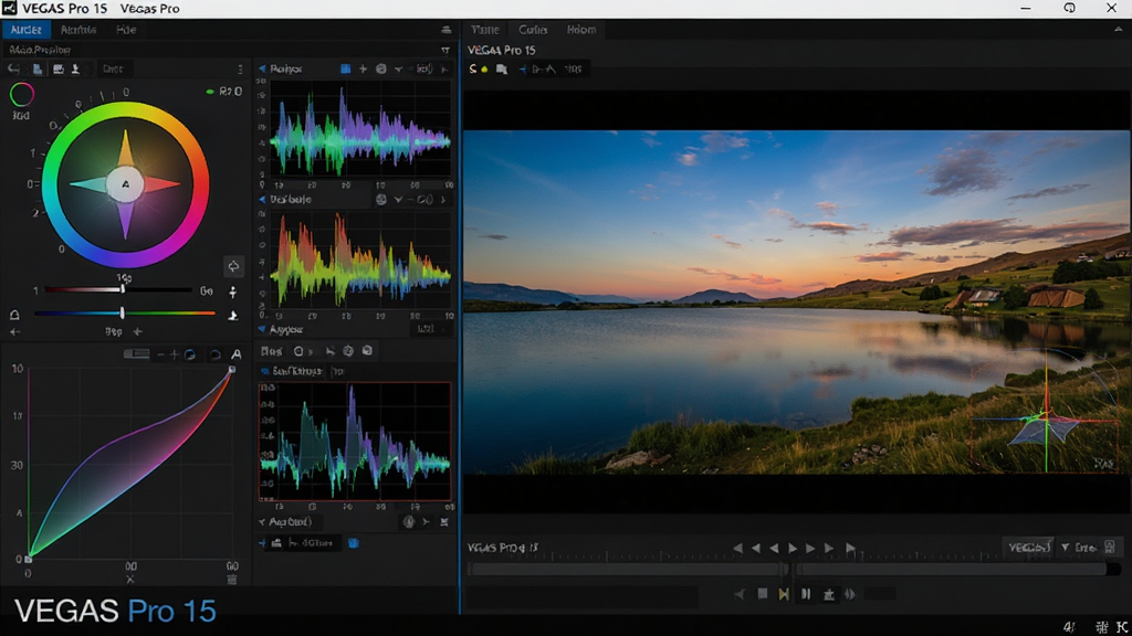 图片主体为VEGAS Pro 15软件的色彩分级操作界面,左侧显示调色轮和色彩曲线面板,右侧预览窗口中是一段风景视频,画面颜色鲜艳且对比度经过调整。布局为左右分屏,左侧工具面板占三分之一,右侧预览占三分之二。排版规整,界面为深色主题,调色轮上有彩色渐变。风格为写实UI截图风格,细节包括波形图与矢量示波器小窗口。画质为4K高清,画面干净,无多余元素,左下角有“VEGAS Pro 15”字样。