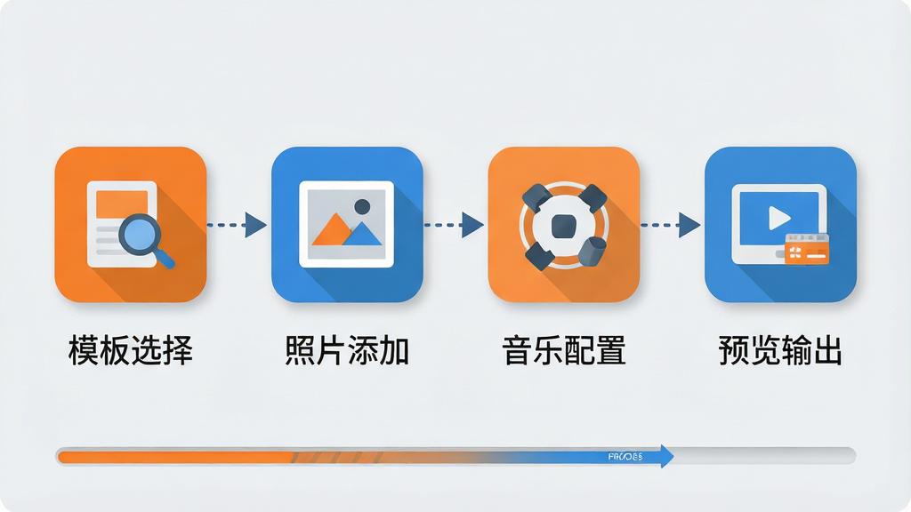 主体:一张流程图,从左到右依次是四个步骤图标:模板选择、照片添加、音乐配置、预览输出,每个图标下方有文字说明。布局:四个图标横向排列,中间用箭头连接,背景为淡灰色。排版:图标大而醒目,文字简洁,整体居中。风格:清爽的扁平化风格,使用橙色和蓝色作为主色调。细节:每个图标都有微小的阴影和圆角,箭头是虚线样式,底部有一条进度条指示完成度。画质:高清矢量,干净,无多余元素。