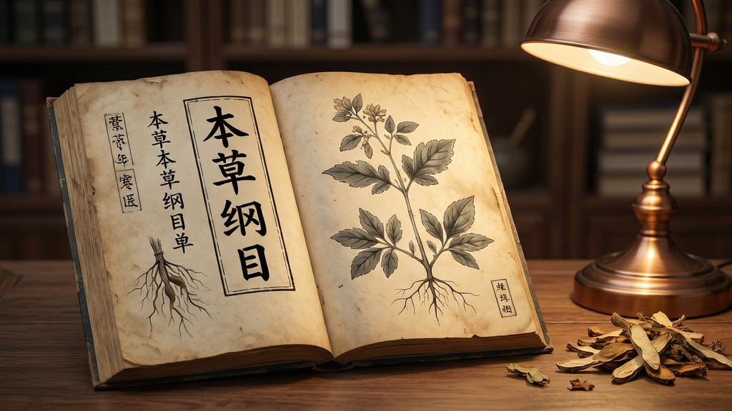 主体:一本古朴典雅的中医典籍《本草纲目》摊开在木质书桌上,书页上清晰可见“本草纲目”四个繁体汉字和植物插图。布局:书籍居中偏左,右侧摆放一盏暖光铜制台灯和一小撮干草药,背景是虚化的中式书房书架。排版:竖排文字风格,书页泛黄有质感。风格:写实国风水墨融合,古风静谧。细节:书页纹理清晰,植物根茎叶脉络分明,光线柔和。画质:超高清,干净,无多余元素。