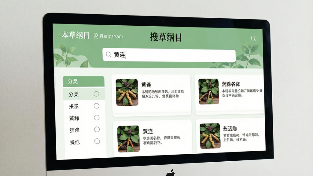 主体:电脑屏幕或手机屏幕显示《本草纲目》电子书搜索界面,搜索框内有“黄连”字样,下方显示搜索结果列表。布局:界面简洁,搜索结果以卡片形式排列,左侧有分类筛选栏。排版:现代UI风格,字体清晰。风格:清新淡雅,绿色调为主。细节:搜索结果条目包含药物名称和简短描述。画质:高清,干净,无多余元素。