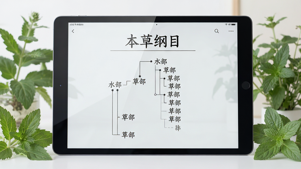 主体:电子设备屏幕(平板或电脑)上显示《本草纲目》电子书目录界面,屏幕中有“本草纲目”字样和分类列表。布局:设备居中,屏幕内容清晰,周围有淡淡的绿色草本植物装饰。排版:目录以树状图结构展示“水部”“草部”等分类。风格:现代简洁与古典融合。细节:屏幕反光自然,文字可辨。画质:高清,干净,无多余元素。