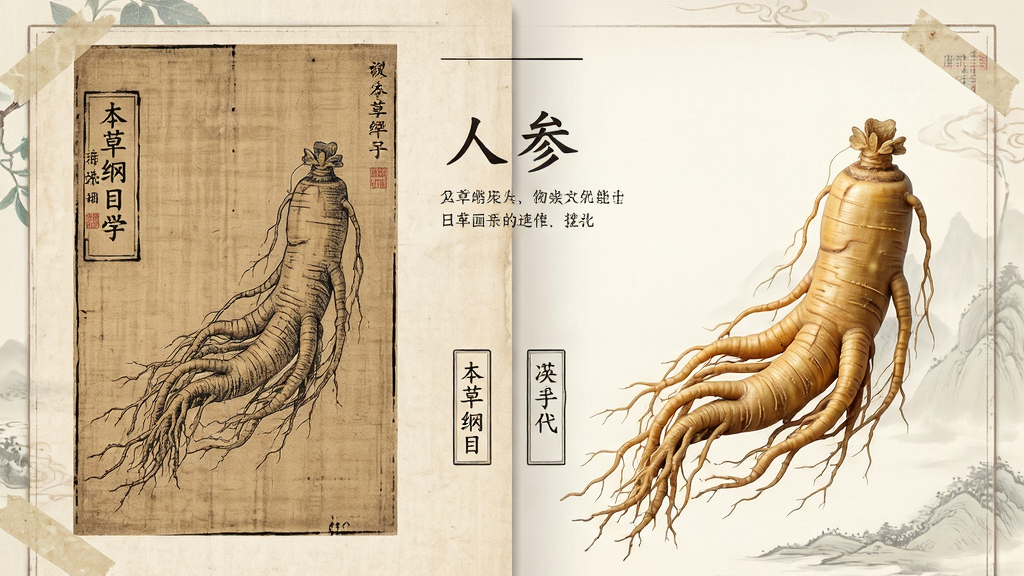 主体:《本草纲目》电子书页面展示“人参”条目,左侧为明代古图,右侧为现代高清人参照片。布局:左右对照排版,古图在上,现代图在下。排版:图文并茂,注解清晰。风格:写实+古风拼贴。细节:人参根须纹理分明,背景淡雅。画质:超高清,干净,无多余元素。