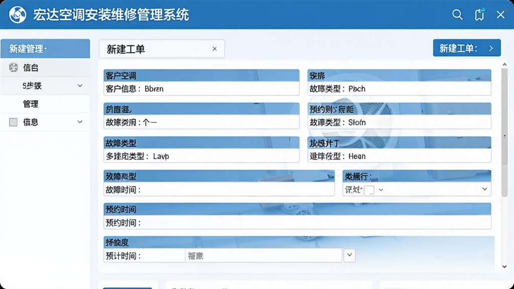 宏达空调安装维修管理系统工单管理界面,展示新建工单表单,包含客户信息、故障类型、预约时间等字段,界面清爽,数据排列整齐,蓝白主色调,专业感强,画质高清,整洁干净