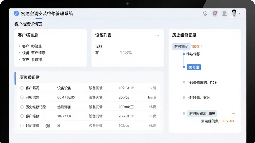 宏达空调安装维修管理系统客户档案详情页,展示客户基本信息、设备列表、历史维修记录时间线,界面采用卡片式布局,信息层级分明,色调柔和,商务简约,画质细腻,无多余装饰