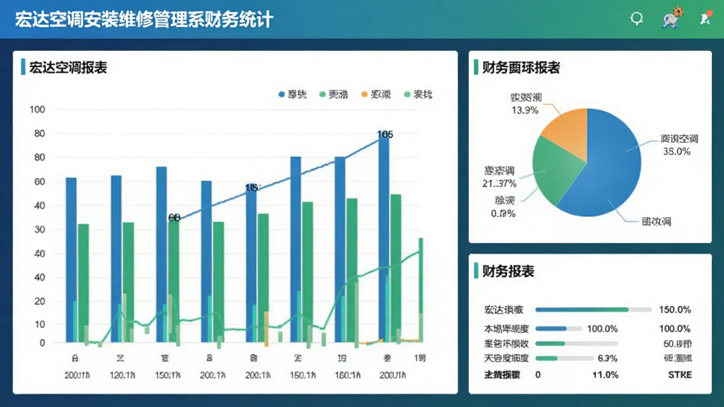 宏达空调安装维修管理系统财务统计报表界面,展示柱状图、饼图等可视化图表,数据展示直观,界面现代,蓝绿配色,简洁明亮,画质清晰,无多余元素