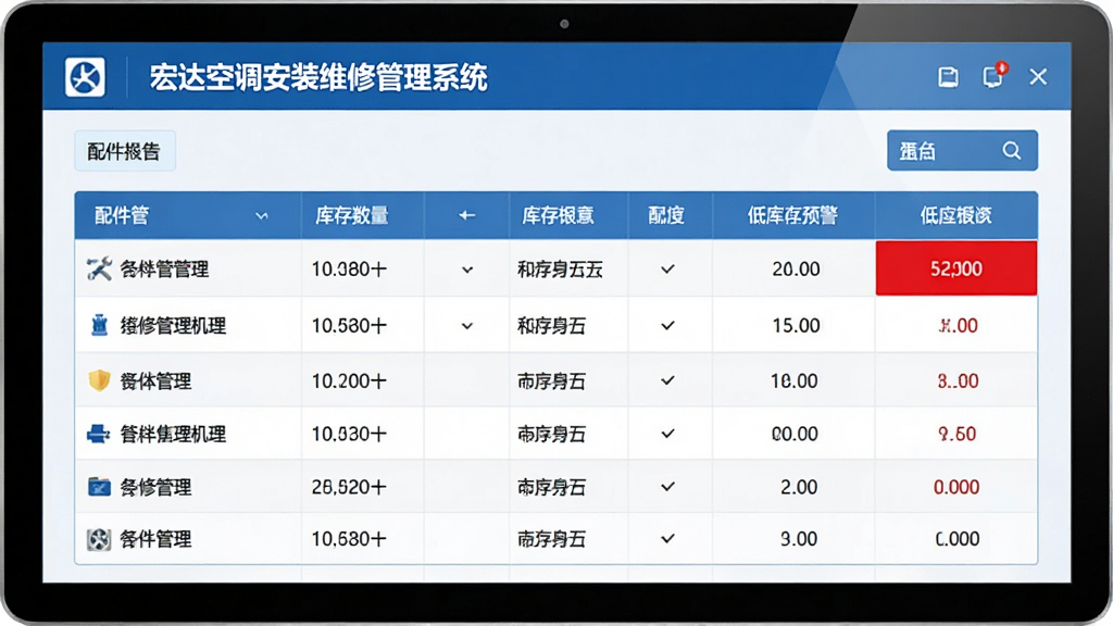 宏达空调安装维修管理系统配件库存管理页面,展示配件列表及库存数量,低库存预警红色高亮,数据表格清晰,界面简约,蓝色调为主,商务风格,画质高清,干净整洁