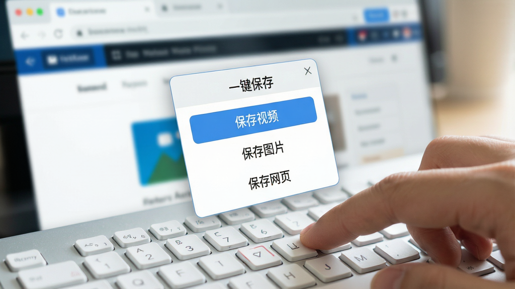一张特写镜头,电脑键盘上手指按下快捷键组合,屏幕上弹出“一键保存”的悬浮小窗,窗口设计简洁,包含“保存视频”、“保存图片”、“保存网页”三个选项,背景是模糊的网页浏览界面,整体风格明亮,布局直观,细节清晰,画质细腻,干净无多余元素