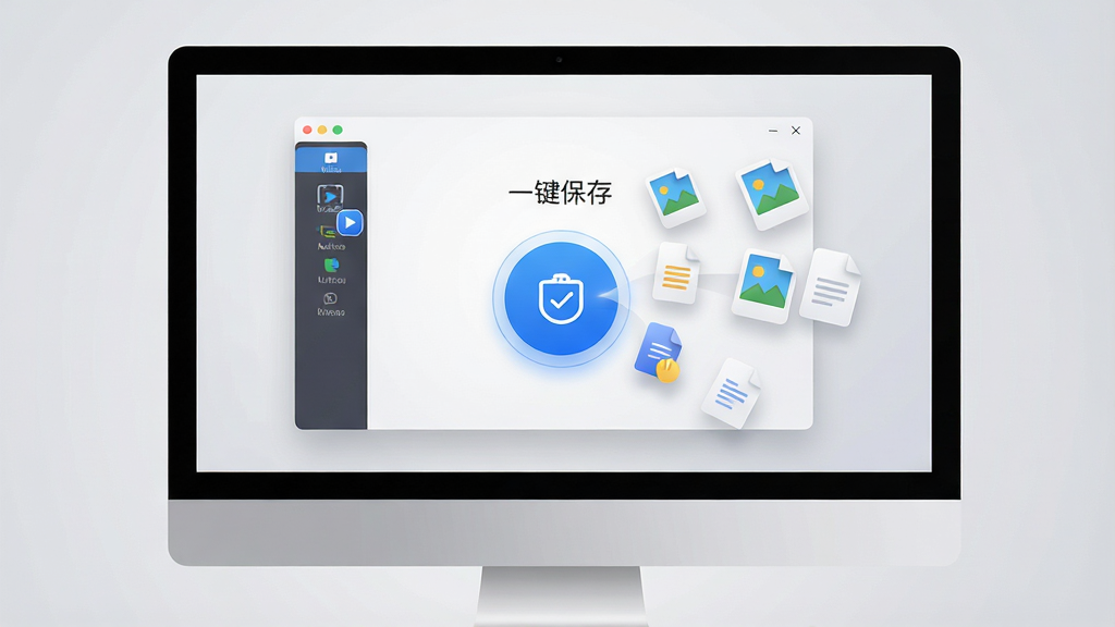 一张现代简约风格的电脑桌面场景,屏幕中显示“一键保存”软件主界面,界面中央有一个醒目的蓝色圆形保存按钮,周围悬浮着视频、图片、文档等文件图标,正在被吸入按钮中,背景为干净的浅灰色渐变,整体布局清晰,排版大气,科技感与实用性结合,细节丰富,画质高清,干净无多余元素