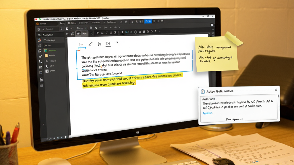 一个工作场景,电脑屏幕上显示Adobe Acrobat Reader DC的注释工具栏,高亮了一段文字,旁边浮动着便签和批注框,桌上散落着几份纸质文件,整体色调暖黄,画面干净,突出注释功能的便捷性。