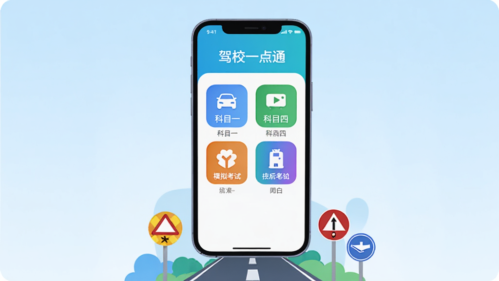 画面主体为一部智能手机悬浮在浅蓝色渐变背景中央,屏幕内清晰显示“驾校一点通”APP主界面,界面中有科目一、科目四、模拟考试等彩色功能图标,手机下方有抽象的道路与交通标志插画,整体排版居中,风格扁平化,细节圆润,画质高清,干净无多余元素