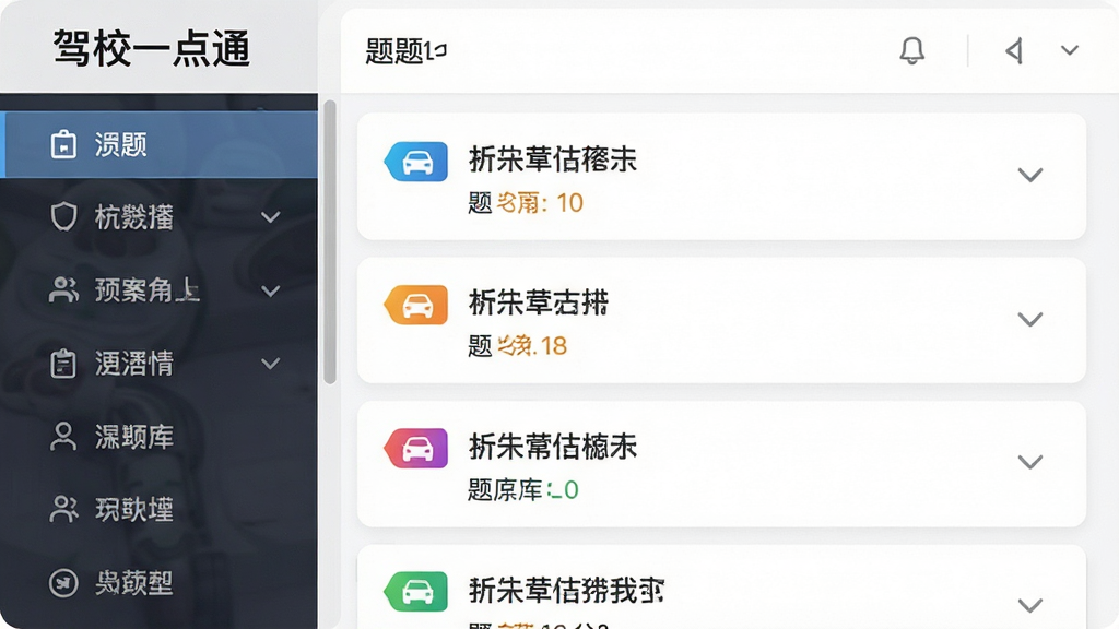 界面展示驾校一点通题库分类列表,左侧为分类菜单,右侧为题目列表,题目文字清晰,配有彩色标签图标,背景为白色,布局简洁,风格清爽,画质高清,干净无多余元素